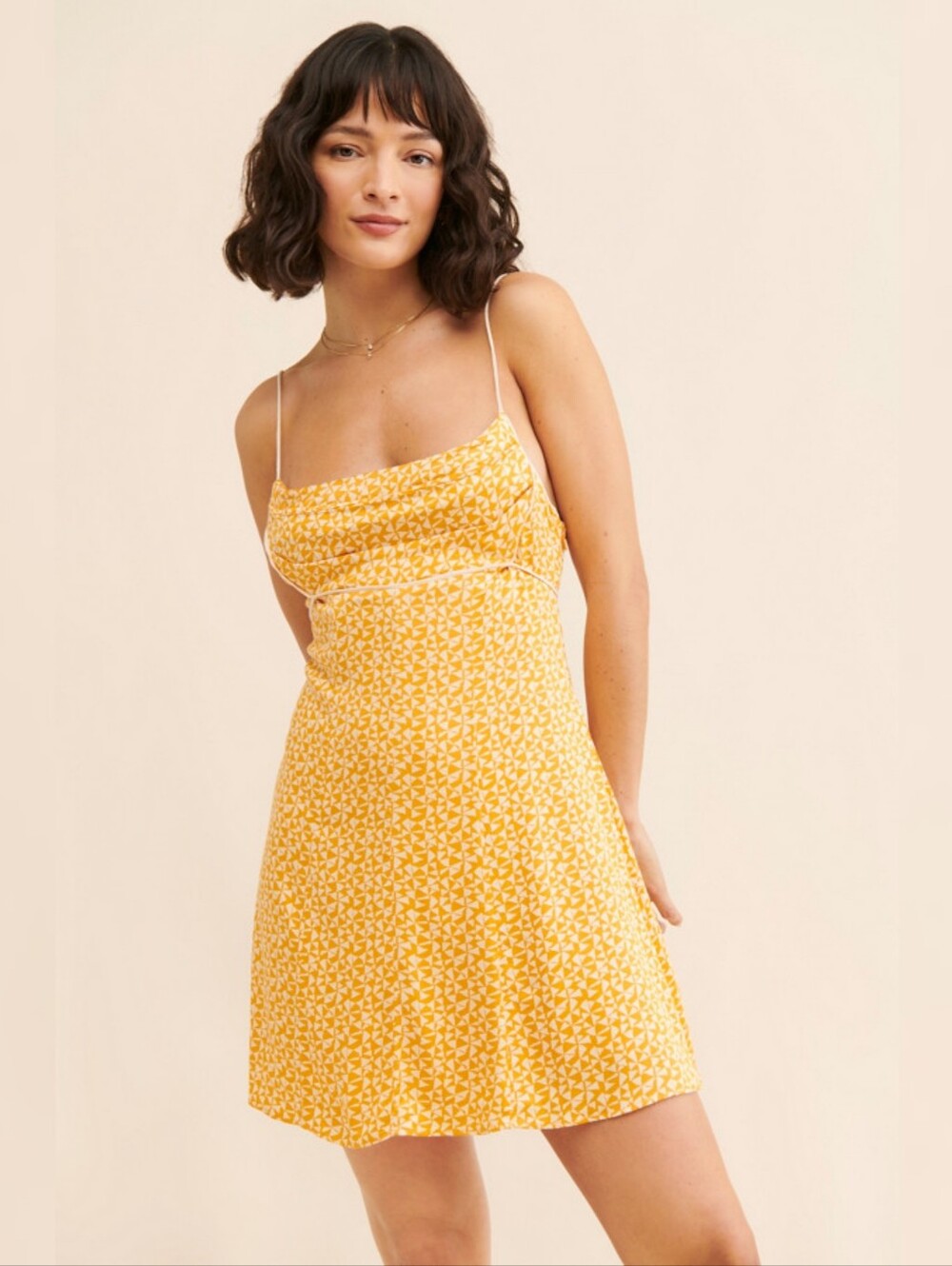 Free People Kai Mini Dress Yellow Floral Cowl-Neck Slip Dress Women's Large